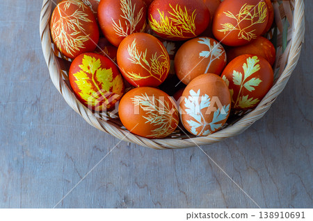 Easter eggs dyed with onion peel, dill and parsley. Natural eco dyes. Egg on the table top view food background. Easter eggs dyed with onion peel, dill and parsley. Natural eco dyes. Egg on the table top view food background. 138910691