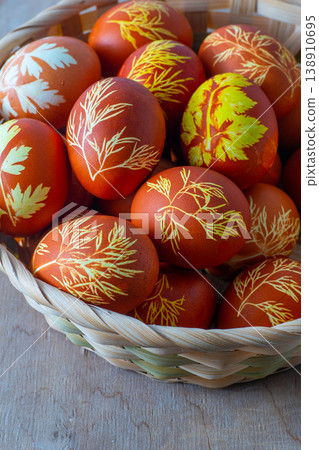 Easter eggs dyed with onion peel, dill and parsley. Natural eco dyes. Egg on the table top view food background. 138910695