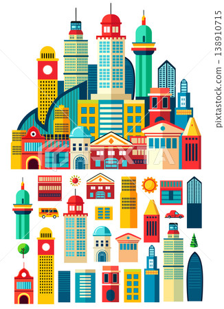 Landscape set of buildings silhouetted of low-rise and high-rise complexes Landscape set of buildings silhouetted of low-rise and high-rise complexes 138910715