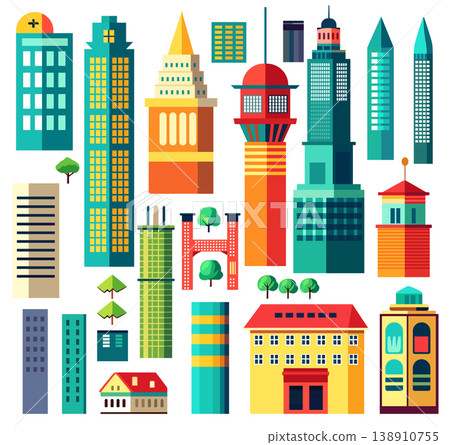 Landscape set of buildings silhouetted on white background. 138910755