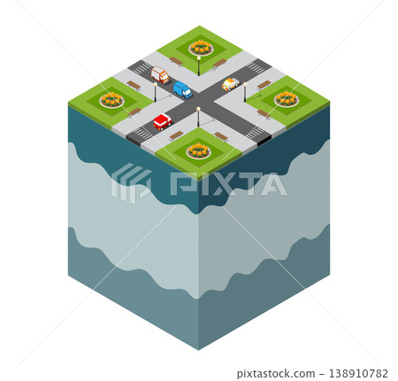 City crossroads floating on water with cars driving on the road 138910782