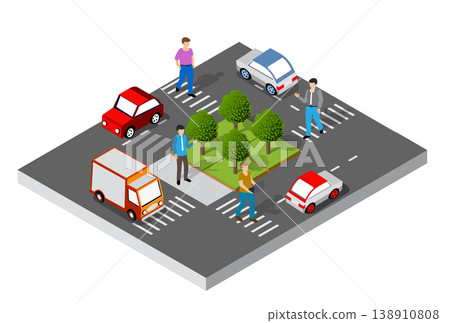 People walking and cars driving on crossroad in isometric view 138910808