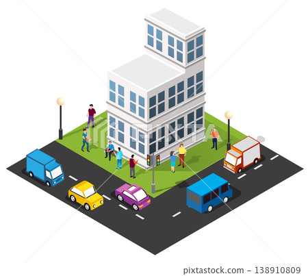 People communicating around modern building with cars driving by on street People communicating around modern building with cars driving by on street 138910809