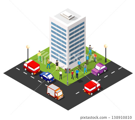 Modern city building surrounded by people and cars illustration Modern city building surrounded by people and cars illustration 138910810