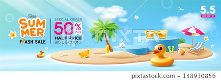 Summer sale blue podium display, Duck yellow shaped inflatable ring, coconut trees, beach umbrella on island beach banner design Summer sale blue podium display, Duck yellow shaped inflatable ring, coconut trees, beach umbrella on island beach banner design 138910856