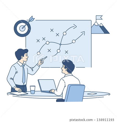 Businessman pointing at a project strategy map on a whiteboard while explaining a plan to a male colleague in an office. Flat vector illustration Businessman pointing at a project strategy map on a whiteboard while explaining a plan to a male colleague in an office. Flat vector illustration 138911193