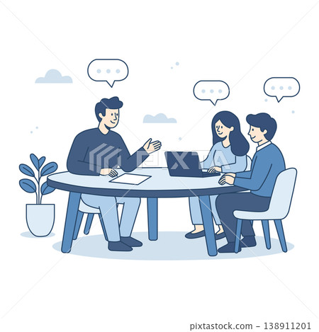 Business meeting - teamwork concept. People characters sitting at round table talking, using laptop and sharing ideas with speech bubbles. Group of colleagues brainstorming in office. Flat line vector Business meeting - teamwork concept. People characters sitting at round table talking, using laptop and sharing ideas with speech bubbles. Group of colleagues brainstorming in office. Flat line vector 138911201