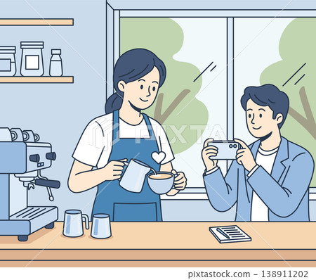 Young woman barista serving coffee to male client in coffee shop. Customer recording video or taking picture of latte art. Social media influencer and food blogging concept. Flat vector illustration 138911202