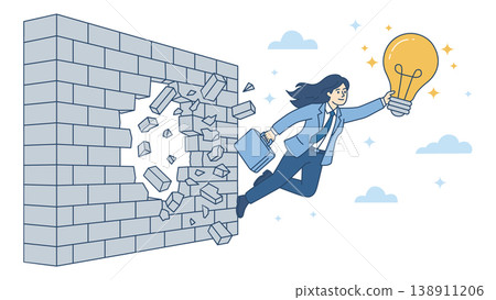 Businesswoman breaking through brick wall and holding glowing lightbulb and briefcase. Innovation, courage, problem solving and freedom concept . Overcoming obstacles for new business idea or impact Businesswoman breaking through brick wall and holding glowing lightbulb and briefcase. Innovation, courage, problem solving and freedom concept . Overcoming obstacles for new business idea or impact 138911206