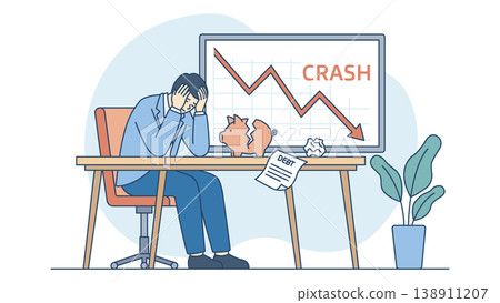 Business failure and economic crisis concept. Stressed businessman despair due to money loss and bankruptcy sitting at desk with broken piggy bank, debt paper and financial falling crash graph. Vector Business failure and economic crisis concept. Stressed businessman despair due to money loss and bankruptcy sitting at desk with broken piggy bank, debt paper and financial falling crash graph. Vector 138911207