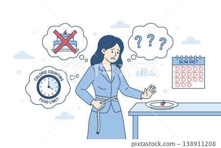 Frustrated woman struggling with food limit and calorie counting. Female character measuring body and refusing sweets. Slim diet planning, weight control and healthy eating challenge. Vector art Frustrated woman struggling with food limit and calorie counting. Female character measuring body and refusing sweets. Slim diet planning, weight control and healthy eating challenge. Vector art 138911208