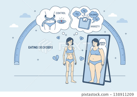 Mental health concept: woman struggling with eating disorder. Anorexia and bulimia metaphor with mirror reflection, anxiety and calorie obsession. Body image and mental guilt flat vector illustration Mental health concept: woman struggling with eating disorder. Anorexia and bulimia metaphor with mirror reflection, anxiety and calorie obsession. Body image and mental guilt flat vector illustration 138911209