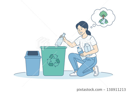 Young woman sorting garbage for recycling. Concept of zero waste lifestyle, environmental sustainability and saving the Earth. Girl putting bottles in recycle container. Flat vector for eco projects 138911213