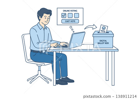 Businessman voting online from home or office. Digital ballot box and web interface for electronic elections. Secure remote voting, digital transformation and civic duty concept. Flat line vector art Businessman voting online from home or office. Digital ballot box and web interface for electronic elections. Secure remote voting, digital transformation and civic duty concept. Flat line vector art 138911214