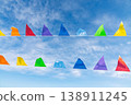 Colorful triangular festival flags hanging on lines against wispy clouds sky 138911245