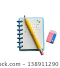 以黏土藝術風格繪製的鉛筆、筆記本和橡皮擦。 138911290