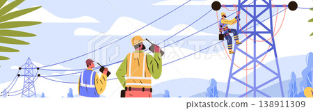Electrical linemen working on power lines teamwork safety equipment outdoor utility tower blue sky landscape 138911309