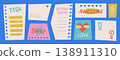 Trendy girly sticky note templates set. Cute cartoon hand drawn paper scraps with words task, swag, awesome and love. Colorful vector planner dashboard for digital journals and social media posts. 138911310