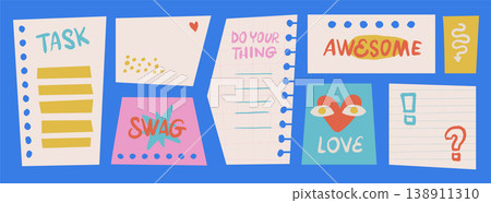 Trendy girly sticky note templates set. Cute cartoon hand drawn paper scraps with words task, swag, awesome and love. Colorful vector planner dashboard for digital journals and social media posts. 138911310