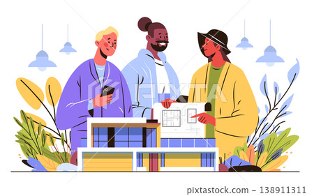 Architects teamwork building design modern construction project people discussing blueprint plans model house plants lamps creative workspace 138911311