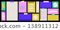 Colorful sticky notes bulletin board in doodle girly style. Fun cartoon hand drawn planner dashboard with grids, lists and empty memos. Vector template for digital planner, collage and scrapbooking. 138911312