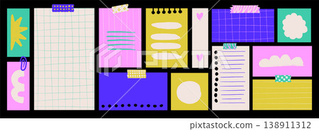 Colorful sticky notes bulletin board in doodle girly style. Fun cartoon hand drawn planner dashboard with grids, lists and empty memos. Vector template for digital planner, collage and scrapbooking. Colorful sticky notes bulletin board in doodle girly style. Fun cartoon hand drawn planner dashboard with grids, lists and empty memos. Vector template for digital planner, collage and scrapbooking. 138911312
