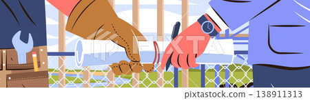 Construction teamwork collaboration blueprint exchange builder and architect hands passing rolled plans at job site fence background tool belt watch flat design 138911313