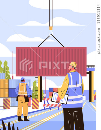Dock workers loading shipping container teamwork logistics supervision clipboard crane industrial port background bright colors flat design Dock workers loading shipping container teamwork logistics supervision clipboard crane industrial port background bright colors flat design 138911314