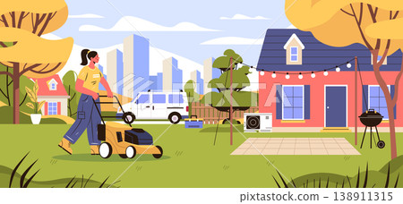 Woman mowing lawn backyard landscaping service suburban house trees van equipment modern cityscape outdoor scene 138911315