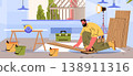 Carpenter measuring wood construction site tools building materials workshop interior modern workspace 138911316