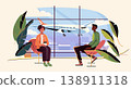 Airport waiting lounge travelers airplane window view people sitting modern chairs plants blue sky cityscape 138911318