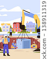 Construction workers heavy machinery teamwork building site crane lifting concrete block residential neighborhood colorful houses safety gear 138911319