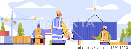 Construction workers teamwork loading shipping container crane site industrial teamwork safety vests hard hats outdoor cargo logistics warehouse 138911320