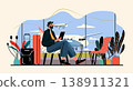 Man at airport lounge waiting for flight modern travel concept luggage airplanes window seating plants digital device coffee table 138911321