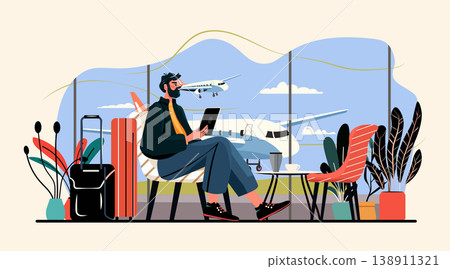 Man at airport lounge waiting for flight modern travel concept luggage airplanes window seating plants digital device coffee table Man at airport lounge waiting for flight modern travel concept luggage airplanes window seating plants digital device coffee table 138911321