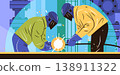 Welders industrial teamwork factory workers welding metal sparks protective gear machinery background flat design 138911322
