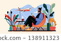 Airport waiting lounge man using smartphone airplane window plants coffee books colorful modern interior flat design 138911323