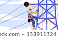 Electrical lineworker climbing transmission tower safety harness blue sky geometric structure professional occupation energy industry 138911324