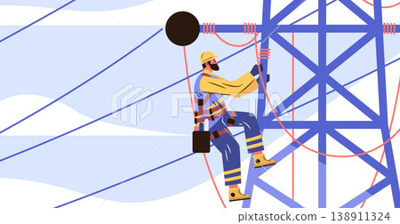 Electrical lineworker climbing transmission tower safety harness blue sky geometric structure professional occupation energy industry Electrical lineworker climbing transmission tower safety harness blue sky geometric structure professional occupation energy industry 138911324