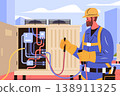 HVAC technician repair maintenance rooftop air conditioning unit worker wearing safety gear holding tools colorful urban background 138911325