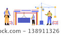 Construction workers teamwork building site crane lifting container safety vests helmets modern architecture flat design white background 138911326