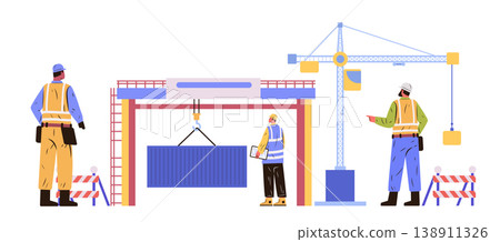 Construction workers teamwork building site crane lifting container safety vests helmets modern architecture flat design white background 138911326