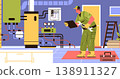 Heating technician maintenance service worker repairing boiler system pipes gauges equipment tools indoor workspace 138911327