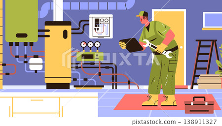 Heating technician maintenance service worker repairing boiler system pipes gauges equipment tools indoor workspace Heating technician maintenance service worker repairing boiler system pipes gauges equipment tools indoor workspace 138911327