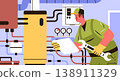 Plumber technician repair service industrial boiler maintenance worker holding wrench inspecting pipes gauges mechanical equipment modern interior 138911329