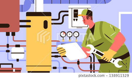 Plumber technician repair service industrial boiler maintenance worker holding wrench inspecting pipes gauges mechanical equipment modern interior Plumber technician repair service industrial boiler maintenance worker holding wrench inspecting pipes gauges mechanical equipment modern interior 138911329