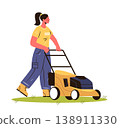 Woman mowing lawn outdoor gardening activity grass field modern flat style isolated white background 138911330