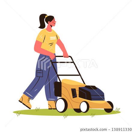 Woman mowing lawn outdoor gardening activity grass field modern flat style isolated white background Woman mowing lawn outdoor gardening activity grass field modern flat style isolated white background 138911330