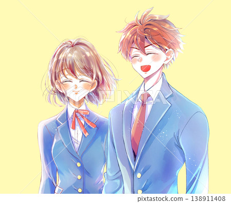 Smiling male and female students in blazers, standing side by side. Smiling male and female students in blazers, standing side by side. 138911408