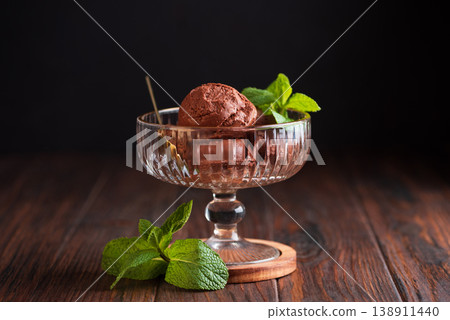 Chocolate Ice Cream with Mint Leaves on Dark Wooden Background Chocolate Ice Cream with Mint Leaves on Dark Wooden Background 138911440